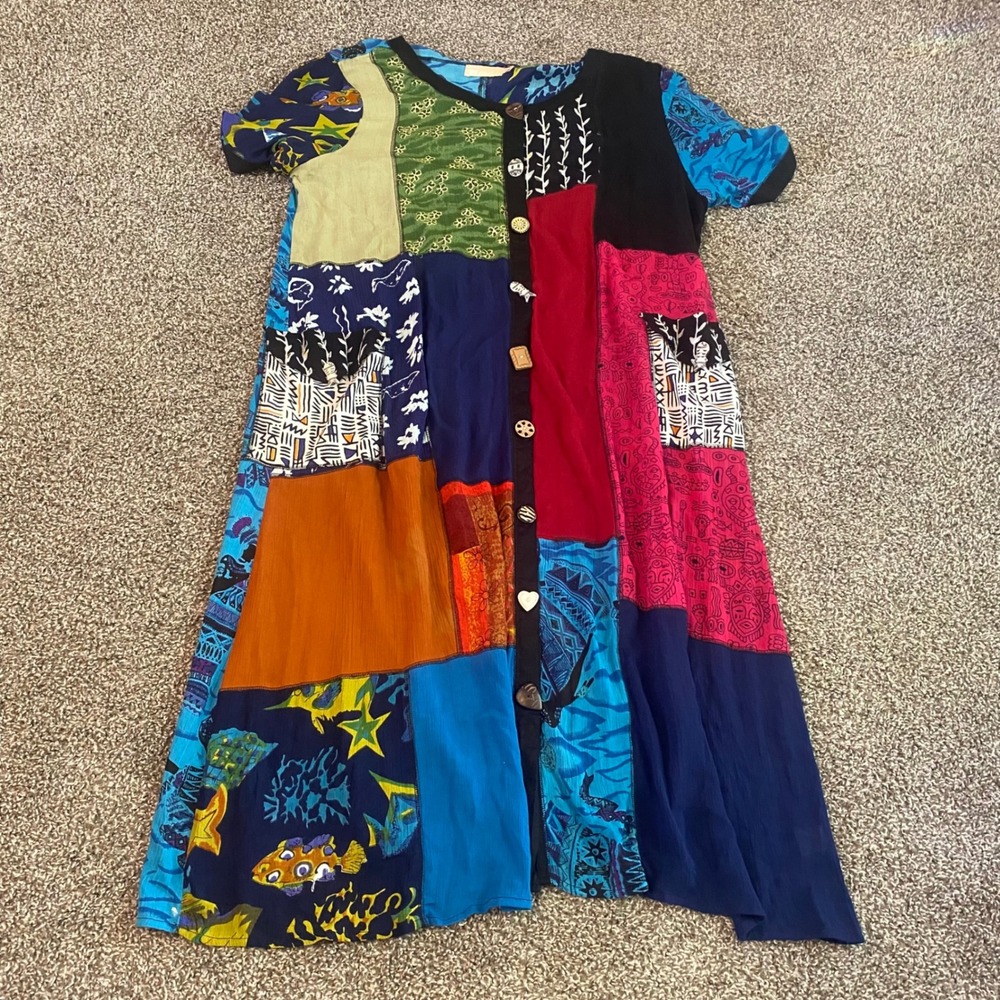 La Cera Womens Patchwork Midi Dress Multicolor Novelty Button Artsy Boho 1X